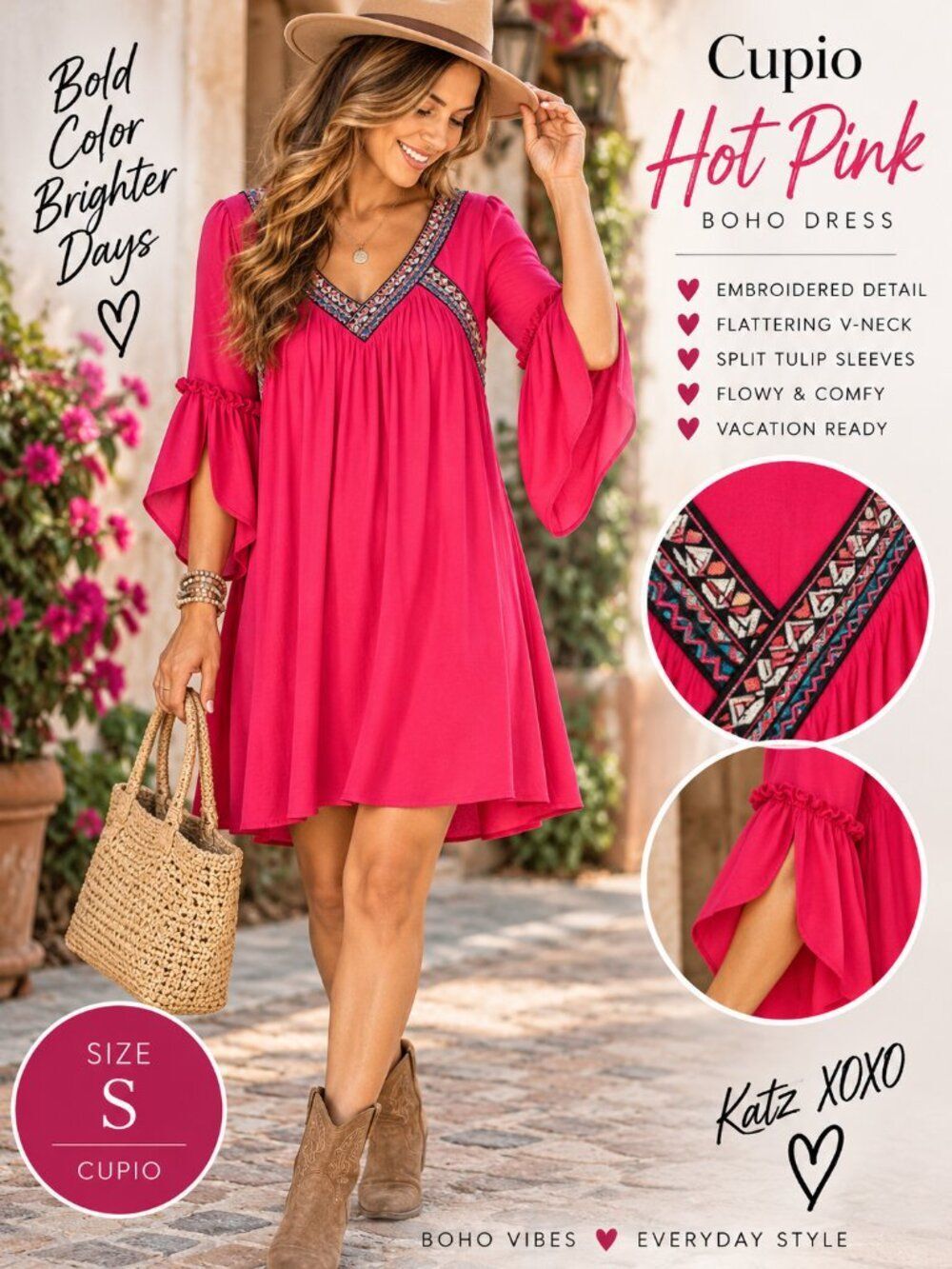 Cupio Hot Pink Embroidered Dress S Bell Sleeve Boho V Neck Tunic Shift Festival